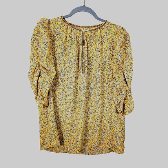 Max Studio Floral Yellow Blue Blouse Tunic Puff 3/4 Sleeve Size  Large - Picture 1 of 10
